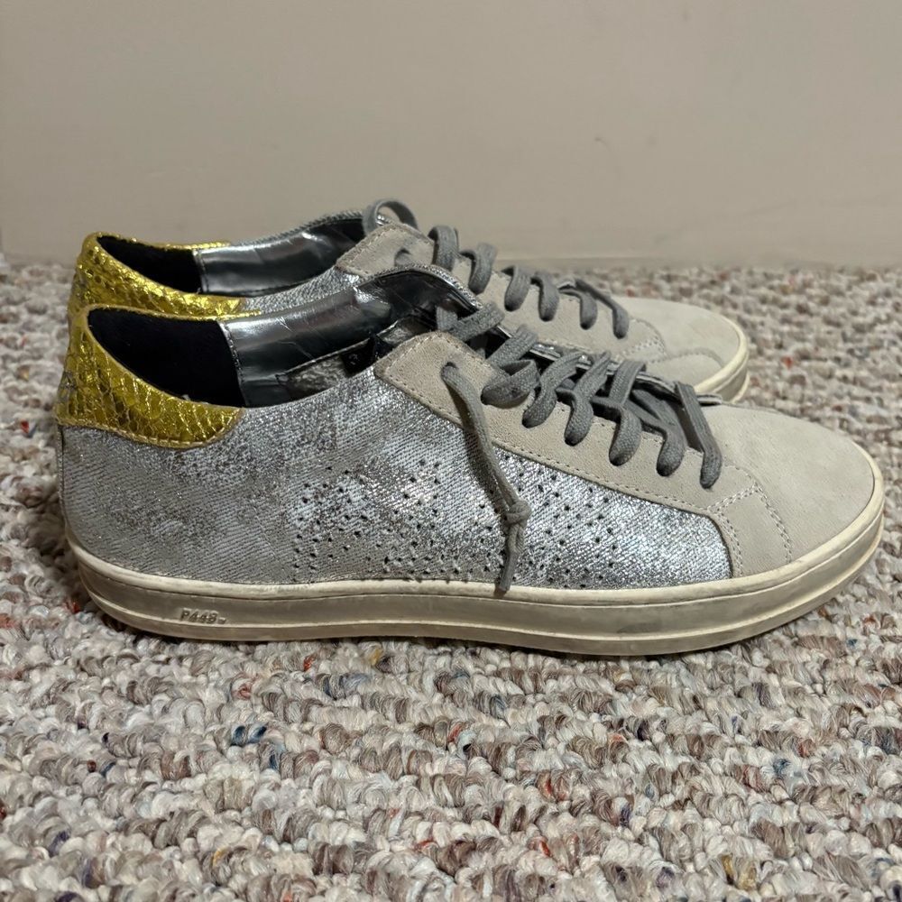 P448 John Low Top Leather Sneakers in Gold Silver- Size 38  (Size 7.5/8)
